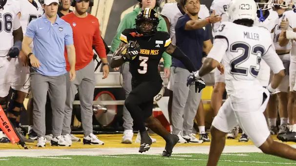 Southern Mississippi Golden Eagles wide receiver Mj Johnson (3) runs down the sideline after the catch in a NCAA game between Southern Miss Golden Eagles and UConn Huskies at Carlisle-Faulkner Field at Renasant Stadium. September 19, 2026 (Joe Harper/bgnphoto.com)