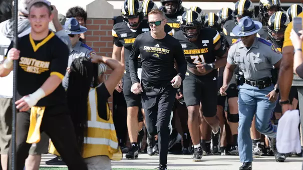 Southern Mississippi Golden Eagles head coach Blake Anderson leads out the team in a NCAA game between Southern Miss Golden Eagles and Alcorn State Braves at Carlisle-Faulkner Field at Renasant Stadium. September 5, 2026 (Joe Harper/bgnphoto.com)