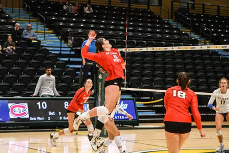Senior outside hitter Kenzie Foley soars for a swing during St. Cloud State's win over Alaska Fairbanks on August 31, 2023.