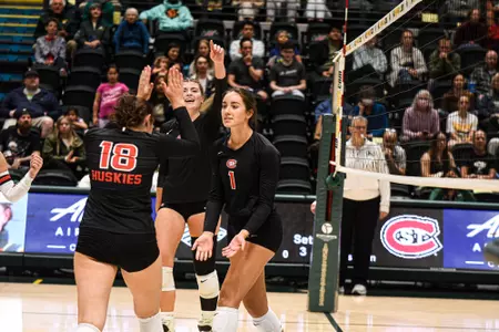 Redshirt sophomore middle blocker Sam Zimmerman celebrates a kill during St. Cloud State's win over No. 14 Alaska Anchorage on Sep. 1, 2023 at the Alaska Airlines Center.