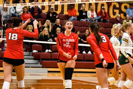 Senior outside hitter Kenzie Foley celebrates a kill during St. Cloud State's win over Northern Michigan on September 7, 2023 at Romano Gymnasium.