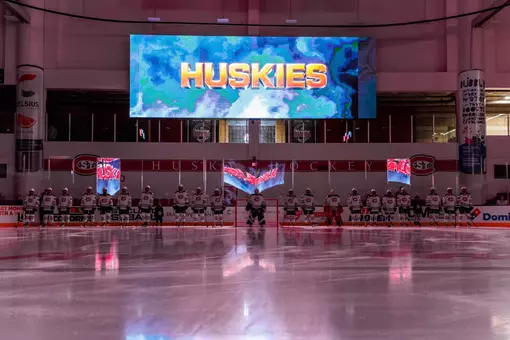 team on blueline pregame vs. Bemidji State 10-23-26