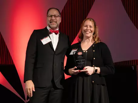 President Tomso (L) and Abby Rittenhouse (R) 10-2-26 #OurSCSU Gala Graduate of the Last Decade (GOLD) Award
