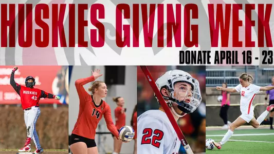 Giving Week graphic with four student-athletes with text that reads "Huskies Giving Week Donate April 16-23"
