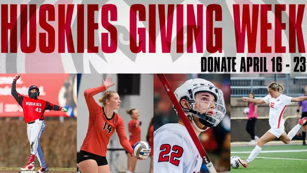 Giving Week graphic with four student-athletes with text that reads "Huskies Giving Week Donate April 16-23"