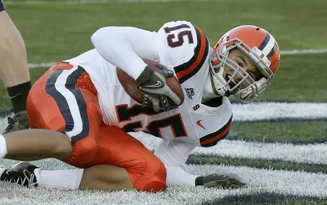 Alec Lemon scores a touchdown at Connecticut.