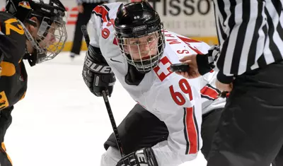 Stefanie Marty eyes the faceoff.