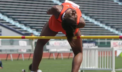 Uhunoma Osazuwa clears the bar in the high jump.
