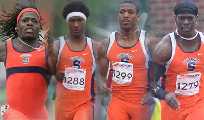 Lewis, Eaton, Marshall and Bush win the 4 x 100-meter relay at the IC4A Championship.