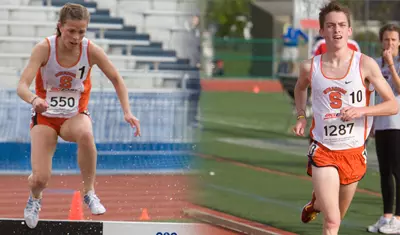Natalie Busby and Pat Dupont running in the steeplechase.