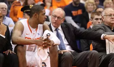 Head coach Jim Boeheim and freshman Fab Melo.