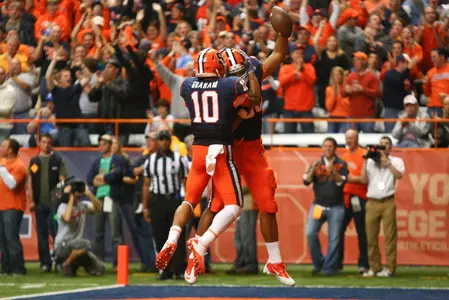 David Stevens and Dorian Graham celebrate a touchdown