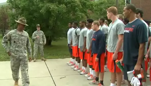 The team was woken up by drill sergeants on its first day of camp at Fort Drum.