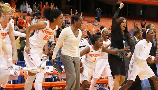 The Orange bench reacts to the game wining shot by Brittney Sykes.