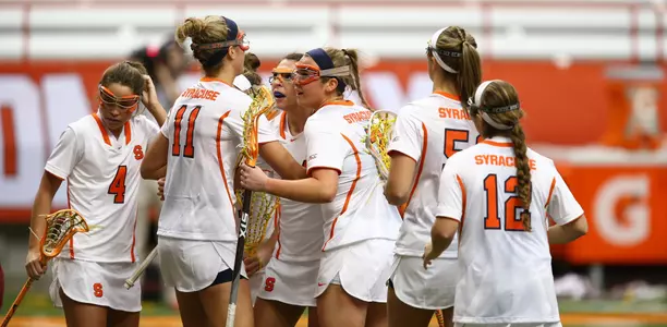 The Orange celebrate a goal against Boston College.