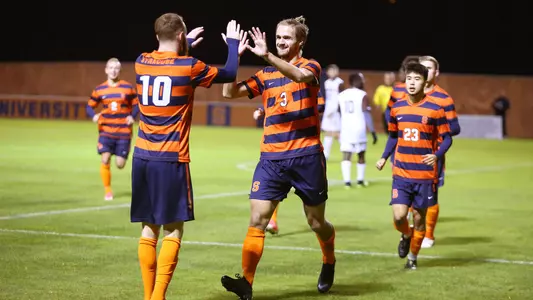 Sondre Norheim celebrates his first goal against St. Bonaventure.