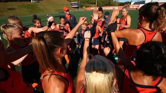 Field Hockey huddles during halftime vs. Princeton
