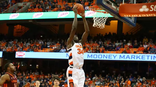 Bourama Sidibe goes for the dunk against Virginia Tech.