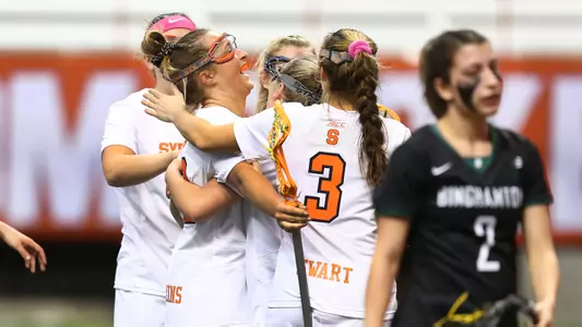 The Orange celebrate a goal in their win against Binghamton.