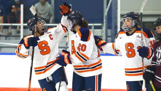 Madison Primeau and Jessica DiGirolamo celebrate Primeau's goal