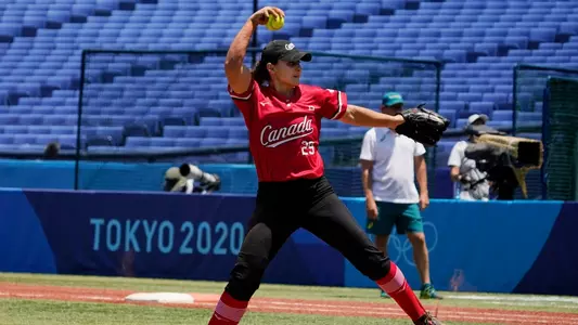 Jenna Caira pitching in the Summer Olympics in Tokyo