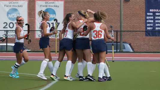 Field Hockey celebrates a goal at UConn