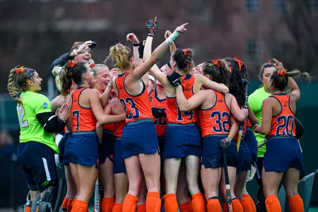 No. 8 Syracuse Field Hockey celebrates a 5-2 win over No. 7 Princeton in the first round of the NCAA Tournament