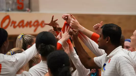 Volleyball huddle vs. Boston College