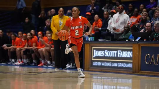 Dyaisha Fair in a Syracuse uniform playing at Cameron Indoor Stadium