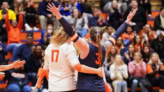 2023 Volleyball Lauren McCabe and Alyssa Bert Celebrating During Match