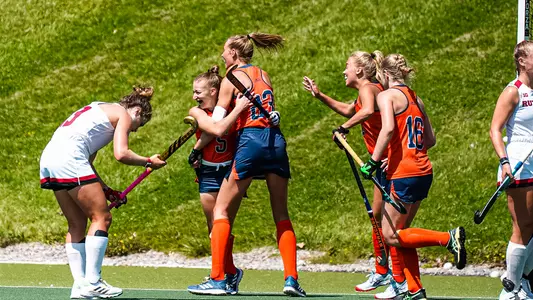 Sarah Smalley and Willemijn Boogert celebrate a goal