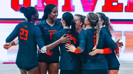 Volleyball 2023 Team Huddle in Match at Cornell