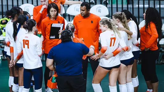 Volleyball 2023 Huddled during timeout at Kathy DeBoer Invitational