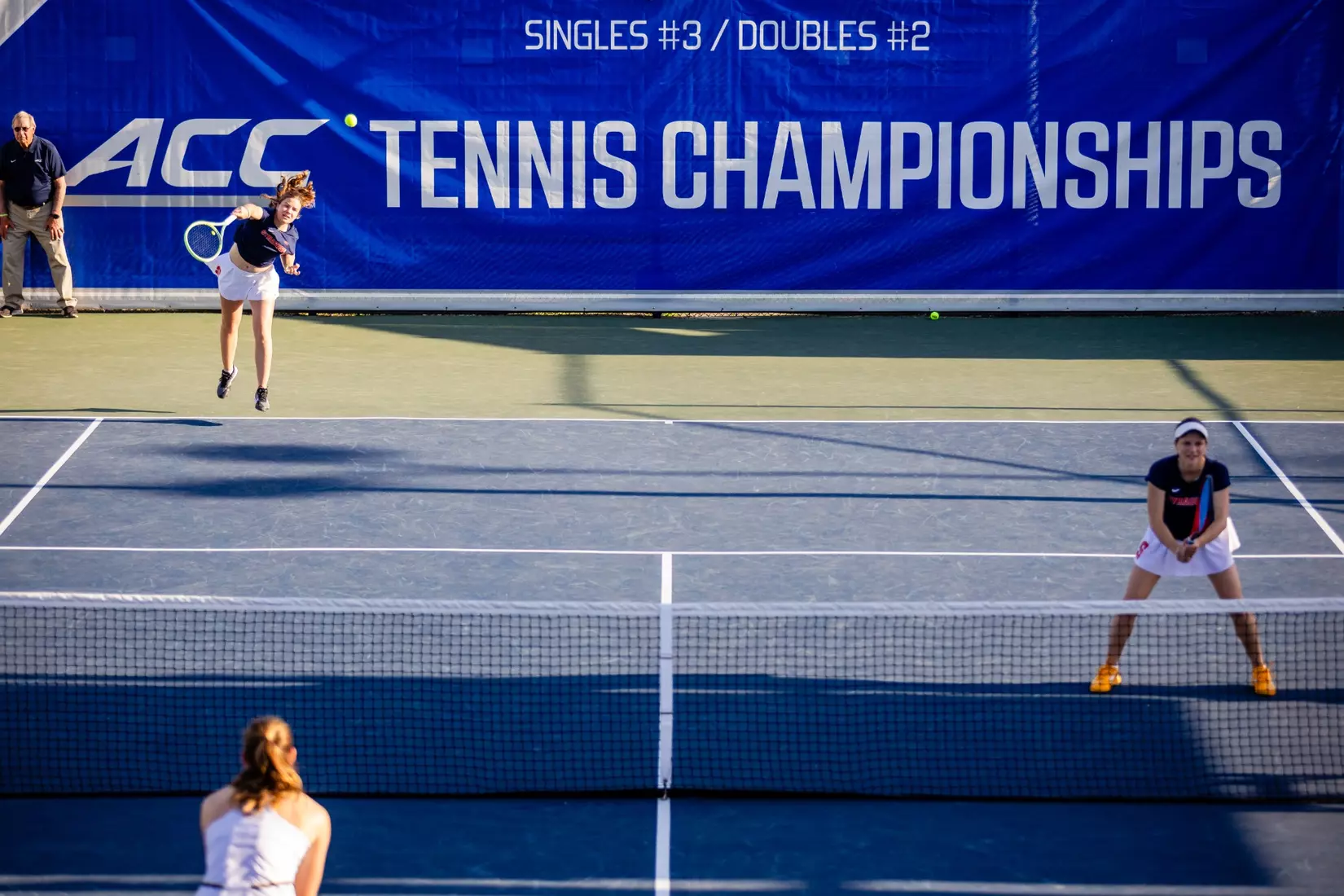 Constance Levivier and Anastasia Sysoeva vs. Notre Dame (ACC Tournament). Credit Jaylynn Nash and Scott Kinser.