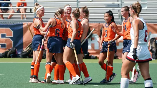 Field Hockey celebrates a goal against Rutgers