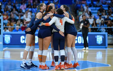 Volleyball team huddle at North Carolina
