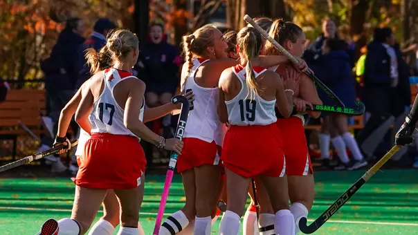 Syracuse field hockey celebrates a goal against Princeton