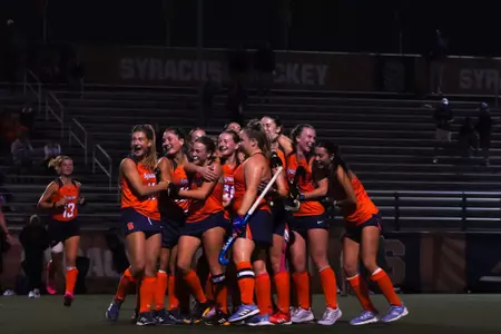 Field Hockey team celebrates win over No. 7 Duke