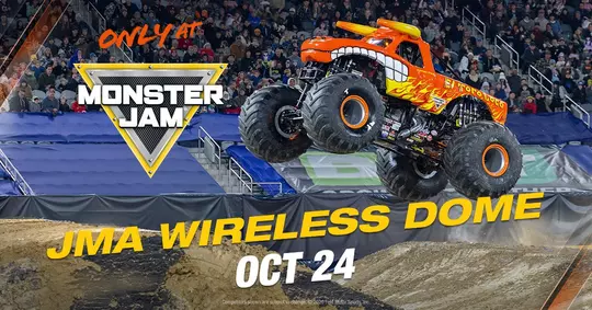 A promotional image for the 2026 Monster Jam event at the JMA Wireless Dome on Saturday, October 24.