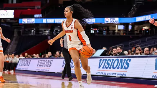 Keira Scott dribbles up the court vs. Daemen