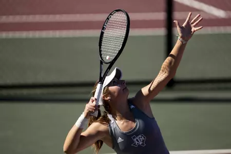 COLLEGE STATION, TX - January 29, 2022 - Mary Stoiana during the game between the Princeton Tigers and the Texas A&M Aggies at Mitchell Tennis Center in College Station, TX. Photo By Sydney Morriss/Texas A&M Athletics