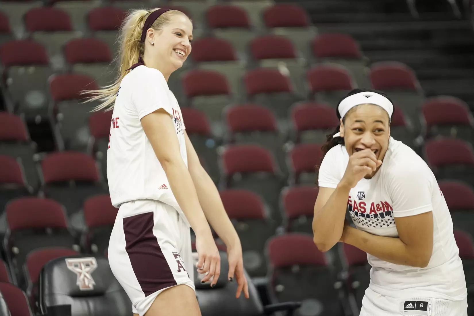 COLLEGE STATION, TX - NOVEMBER 10, 2019 - center Anna Dreimane #33 of the Texas A&M Aggies and guard Chennedy Carter #3 of the Texas A&M Aggies during the game between the Texas A&M Aggies and the Duke Blue Devils in College Station, TX. Photo By Spencer Gnauck/Texas A&M Athletics
