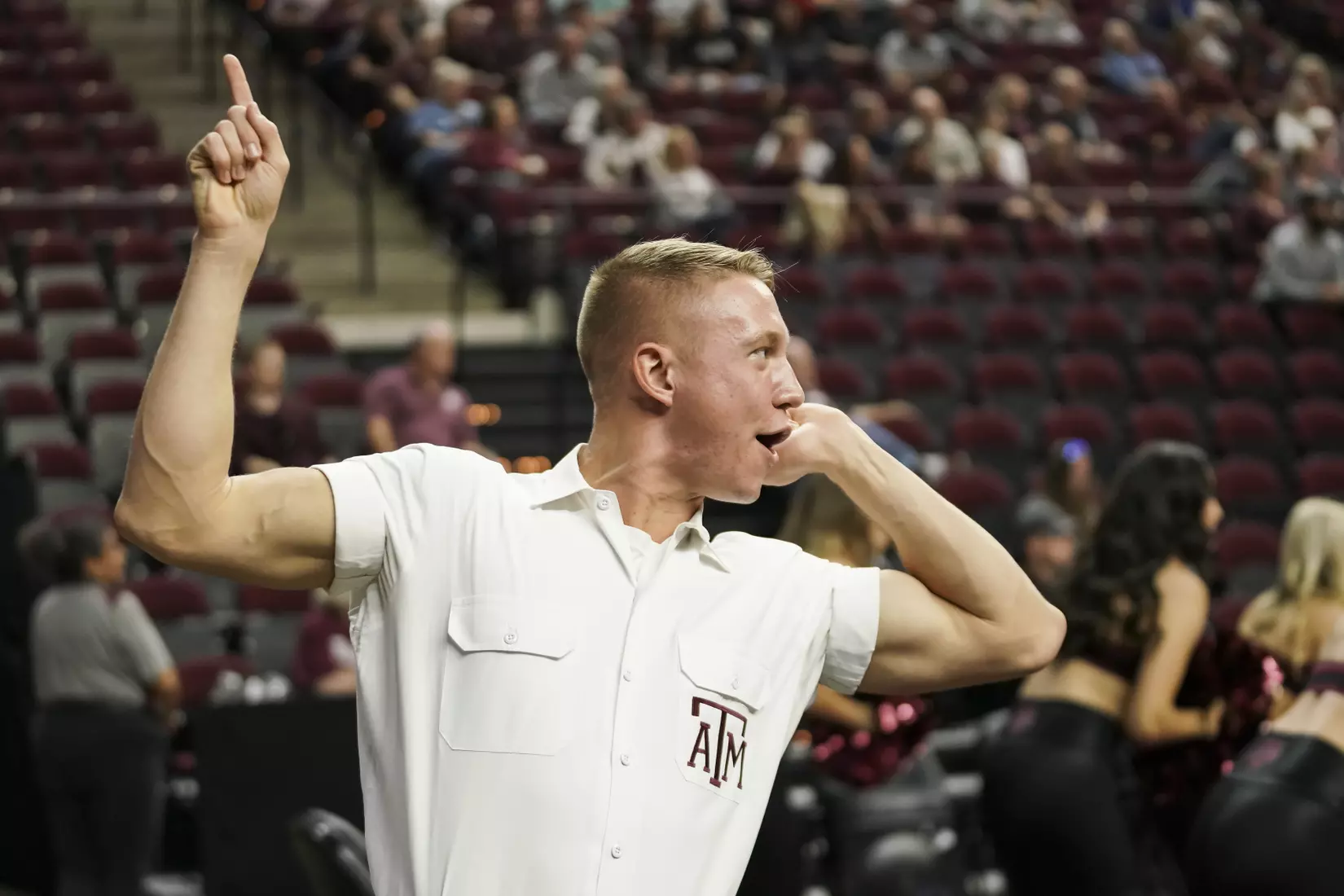 COLLEGE STATION, TX - NOVEMBER 10, 2019 - Texas A&M Aggies yell leader during the game between the Texas A&M Aggies and the Duke Blue Devils in College Station, TX. Photo By Spencer Gnauck/Texas A&M Athletics