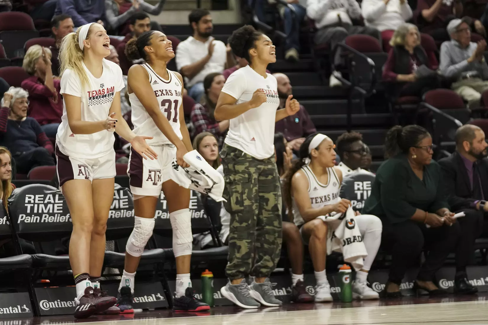 COLLEGE STATION, TX - NOVEMBER 10, 2019 - center Anna Dreimane #33 of the Texas A&M Aggies, forward N'dea Jones #31 of the Texas A&M Aggies, and guard Jordan Nixon #5 of the Texas A&M Aggies during the game between the Texas A&M Aggies and the Duke Blue Devils in College Station, TX. Photo By Spencer Gnauck/Texas A&M Athletics
