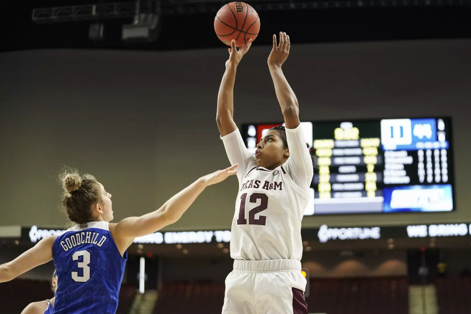 COLLEGE STATION, TX - NOVEMBER 10, 2019 - guard Cheah Rael-Whitsitt #12 of the Texas A&M Aggies during the game between the Texas A&M Aggies and the Duke Blue Devils in College Station, TX. Photo By Spencer Gnauck/Texas A&M Athletics