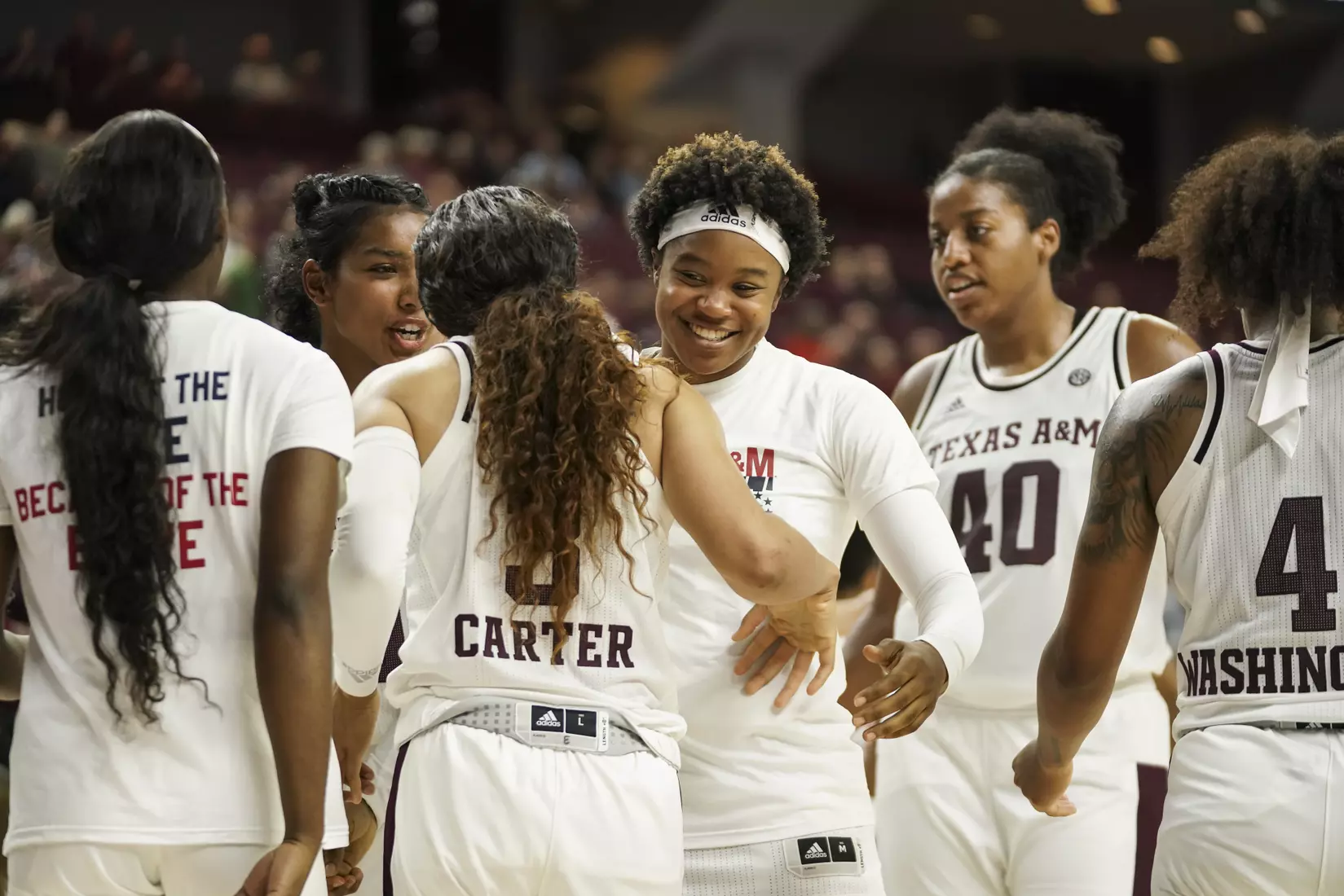 COLLEGE STATION, TX - NOVEMBER 10, 2019 - guard Jasmine Williams #15 of the Texas A&M Aggies and team during the game between the Texas A&M Aggies and the Duke Blue Devils in College Station, TX. Photo By Spencer Gnauck/Texas A&M Athletics