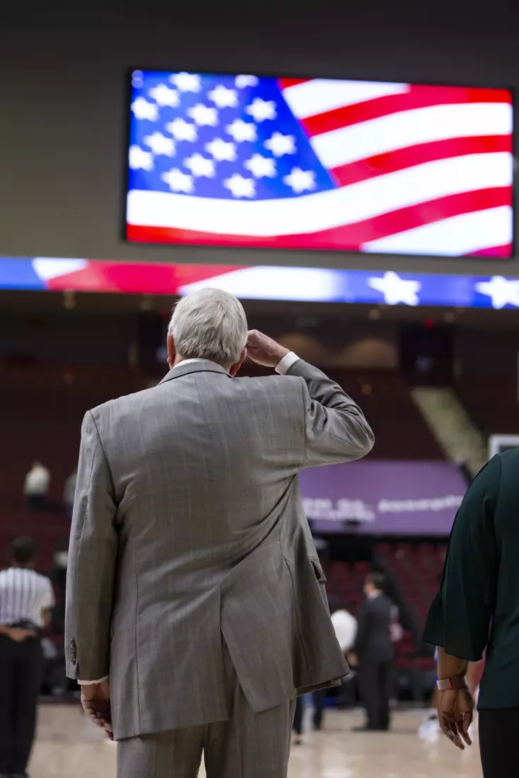 COLLEGE STATION, TX - NOVEMBER 10, 2019 - Gary Blair Head Coach of the Texas A&M Aggies and National Anthem during the game between the Duke Blue Devils and the Texas A&M Aggies at Reed Arena in College Station, TX. Photo By Craig Bisacre/Texas A&M Athletics