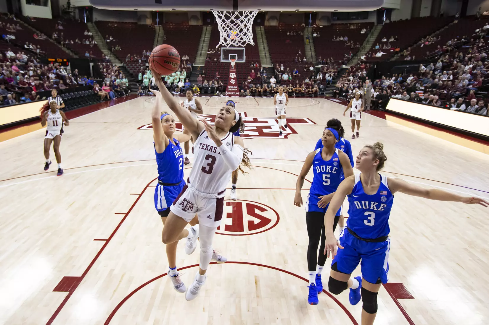 COLLEGE STATION, TX - NOVEMBER 10, 2019 - guard Chennedy Carter #3 of the Texas A&M Aggies during the game between the Duke Blue Devils and the Texas A&M Aggies at Reed Arena in College Station, TX. Photo By Craig Bisacre/Texas A&M Athletics