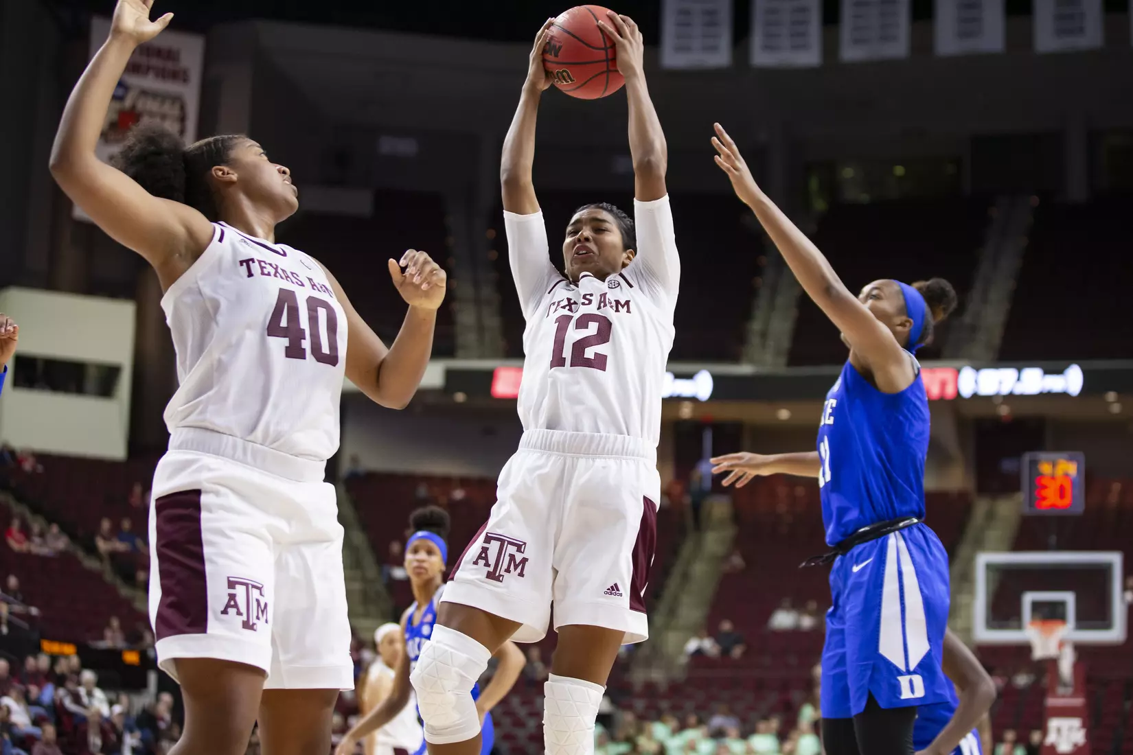 COLLEGE STATION, TX - NOVEMBER 10, 2019 - guard Cheah Rael-Whitsitt #12 of the Texas A&M Aggies during the game between the Duke Blue Devils and the Texas A&M Aggies at Reed Arena in College Station, TX. Photo By Craig Bisacre/Texas A&M Athletics