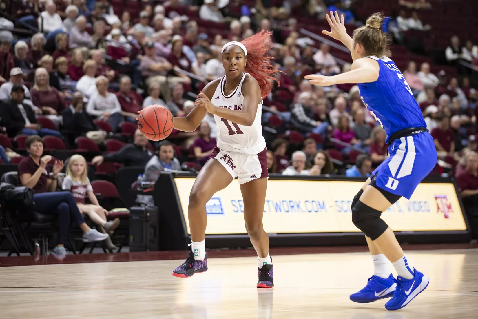 COLLEGE STATION, TX - NOVEMBER 10, 2019 - guard Kayla Wells #11 of the Texas A&M Aggies during the game between the Duke Blue Devils and the Texas A&M Aggies at Reed Arena in College Station, TX. Photo By Craig Bisacre/Texas A&M Athletics